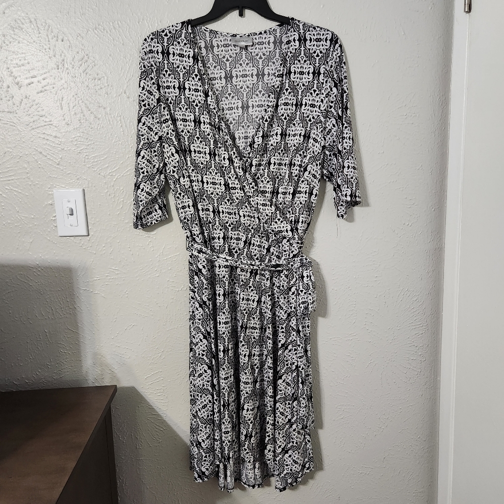 Avenue Black & White Medallion Print Faux Wrap Midi Dress